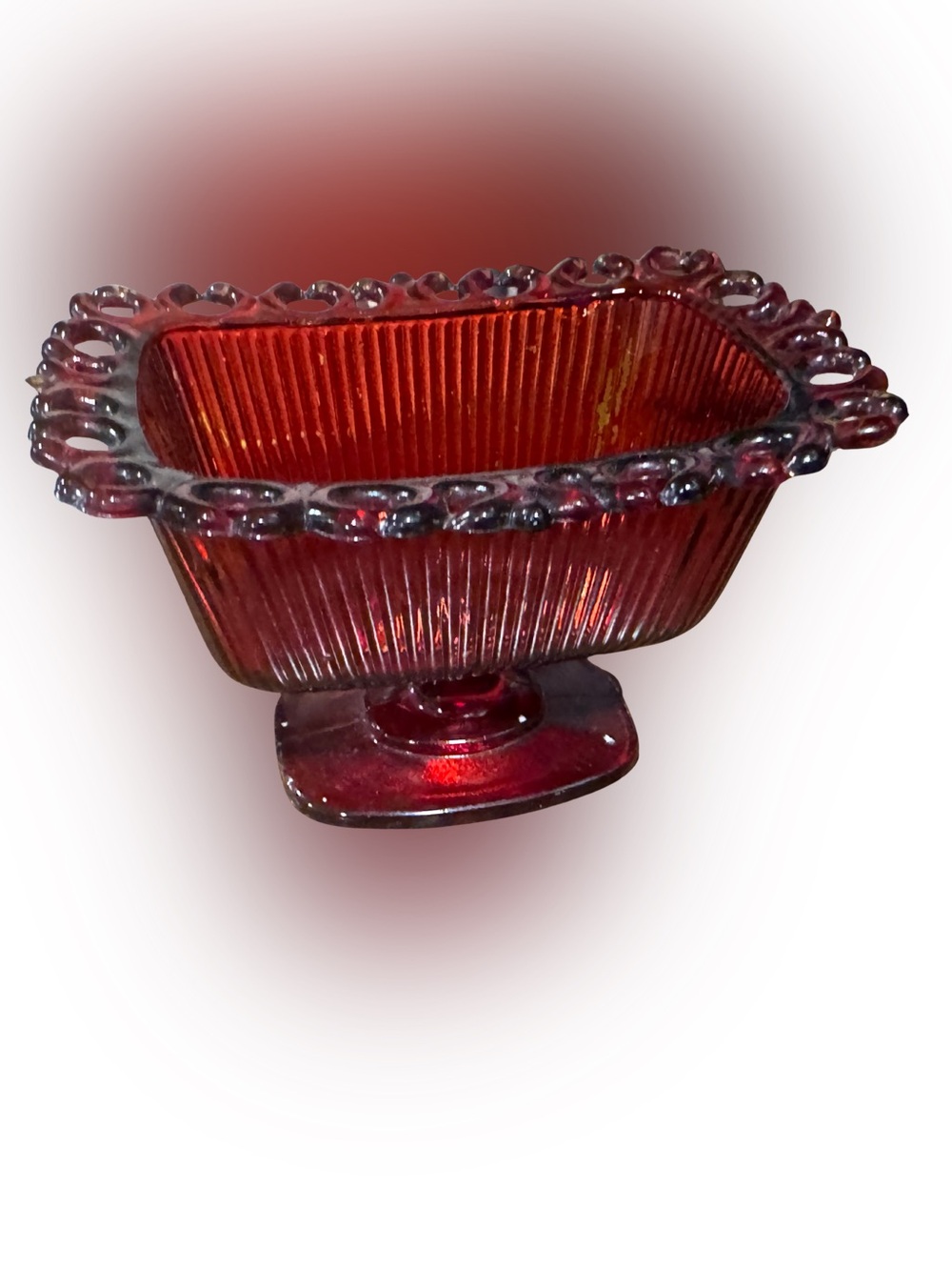 Vintage 1981 Ruby Red Glass Pedestal Dish